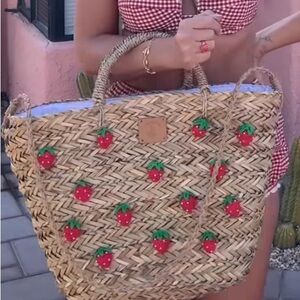Poppy & Peonies Straw Tote with Strawberry Accents